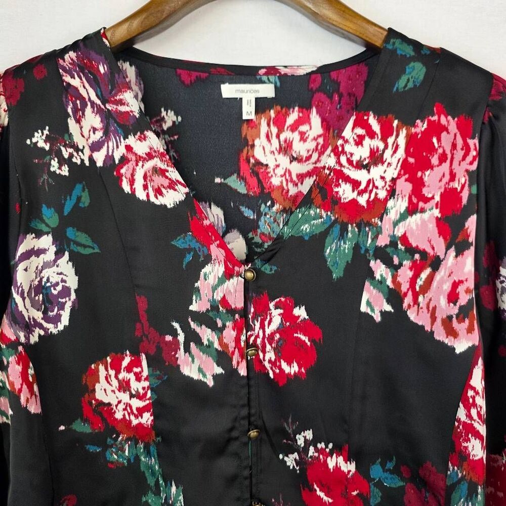Maurices Rose Floral Peplum Blouse Medium Black - Picture 4 of 9